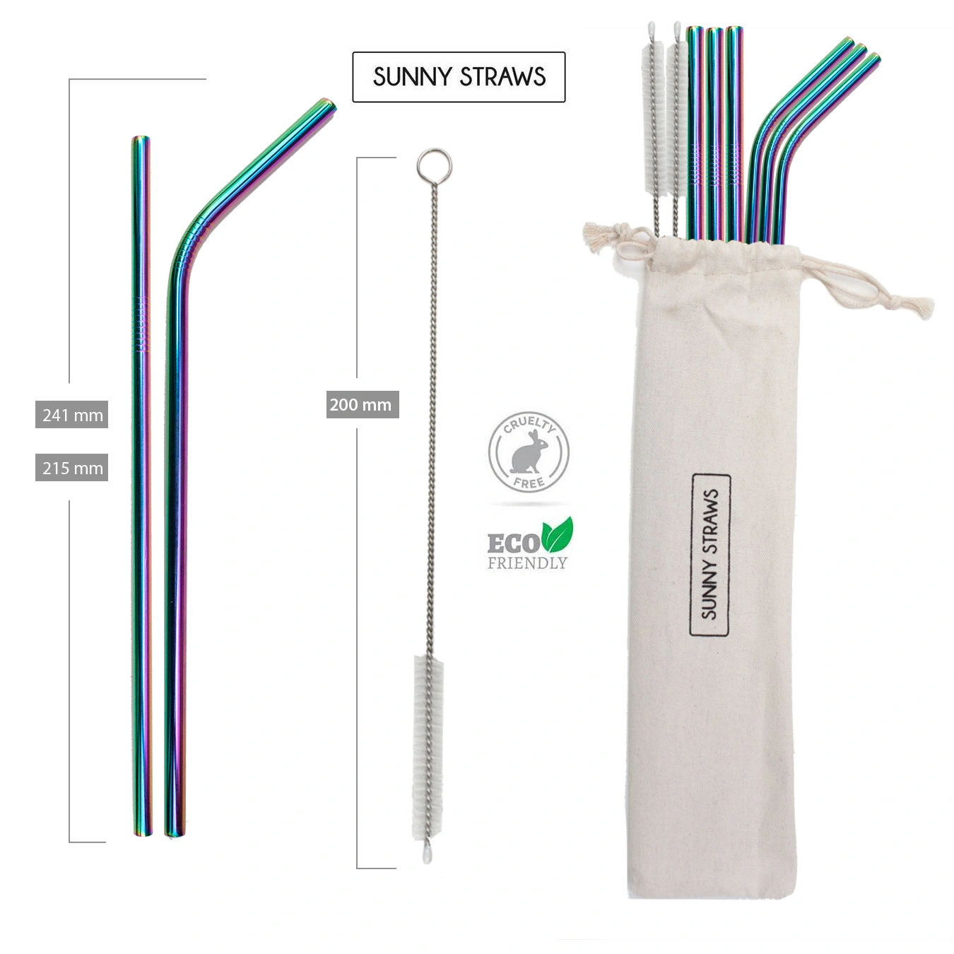 Rainbow Straw Set - Fun Bent & Straight with Cleaning Brushes (6)