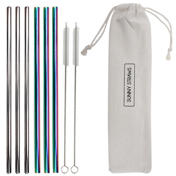 Sip in Style: Rainbow & Silver Straw Set with Cleaning Brushes – Cheers to Reusability!
